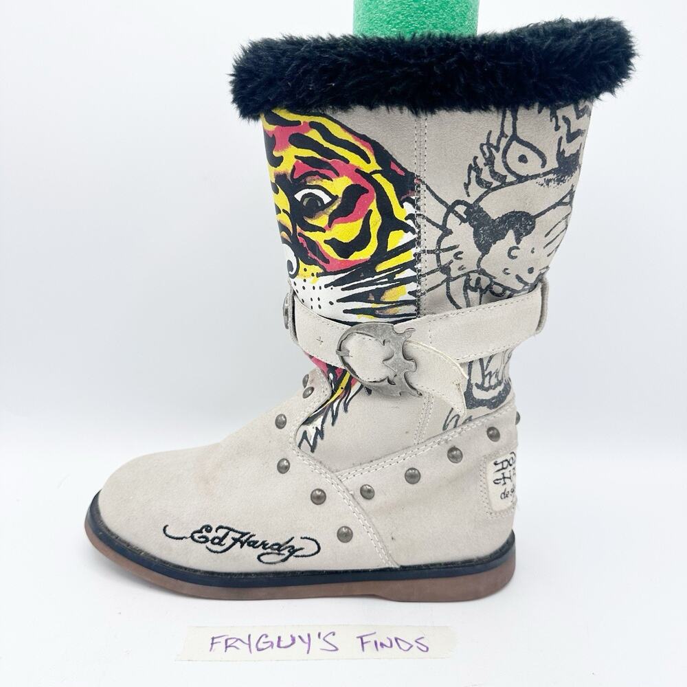 Ed Hardy Tiger Tattoo Print Leather Faux Fur Mid Calf Boots Beige Women's Size 5
